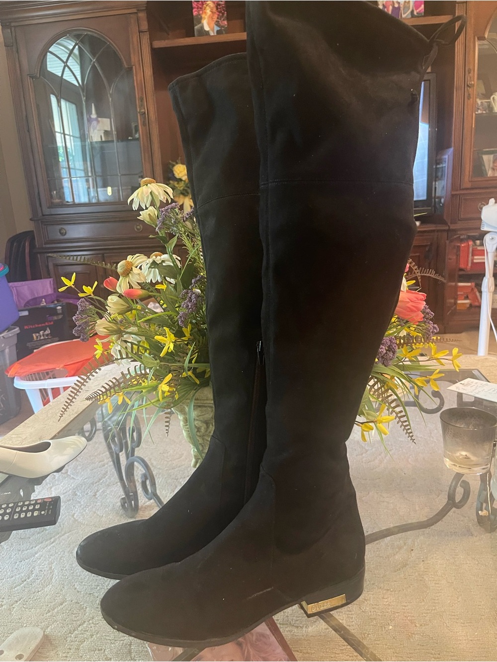 Guess Black Over-the-Knee Suede-Look Boots with Subtle Metallic Heel